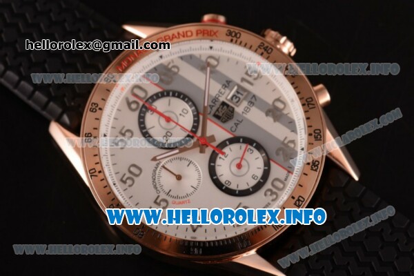 Tag Heuer Carrera Calibre 1887 Automatic Chronograph Miyota Quartz Rose Gold Case with White Dial Arabic Number Markers and Black Rubber Strap - Click Image to Close